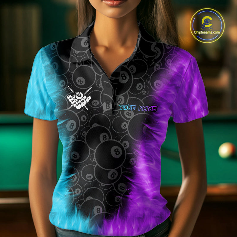 Blue And Purple Flame 8 Ball Billiard Pool Shirt Custom Billiard Team Jersey Polo, 1/4 Zip
