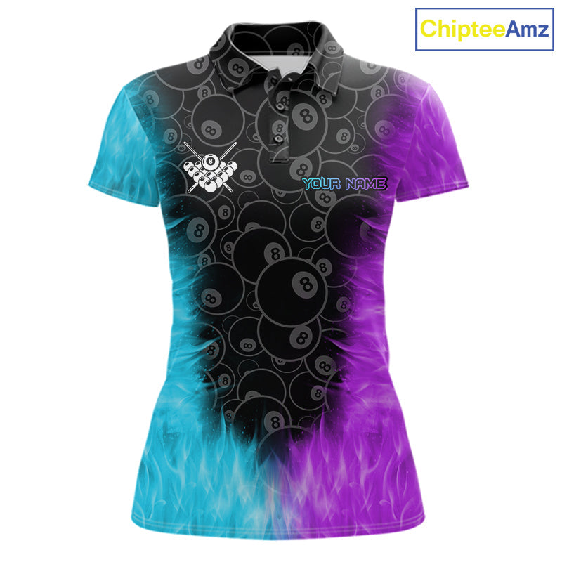 Blue And Purple Flame 8 Ball Billiard Pool Shirt Custom Billiard Team Jersey Polo, 1/4 Zip