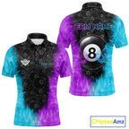 Blue And Purple Flame 8 Ball Billiard Pool Shirt Custom Billiard Team Jersey Polo, 1/4 Zip