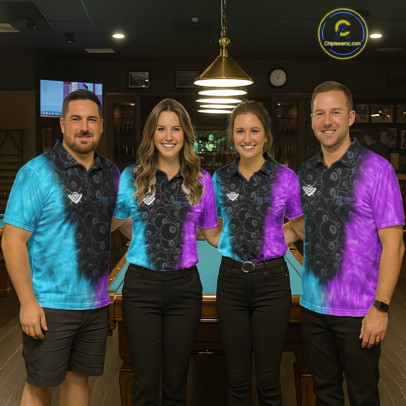 Blue And Purple Flame 8 Ball Billiard Pool Shirt Custom Billiard Team Jersey Polo, 1/4 Zip