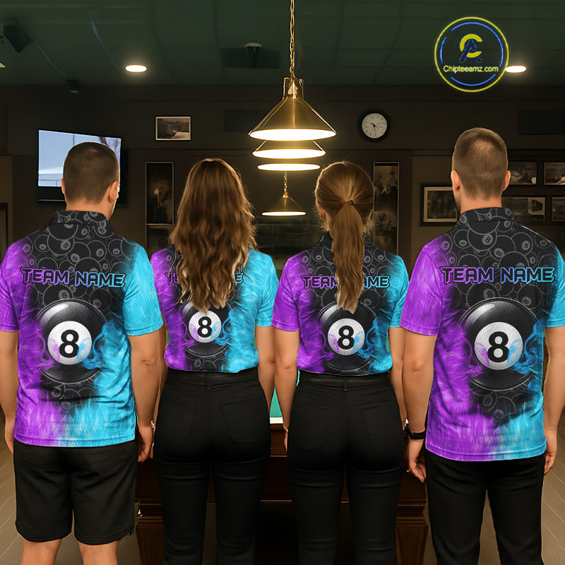 Blue And Purple Flame 8 Ball Billiard Pool Shirt Custom Billiard Team Jersey Polo, 1/4 Zip