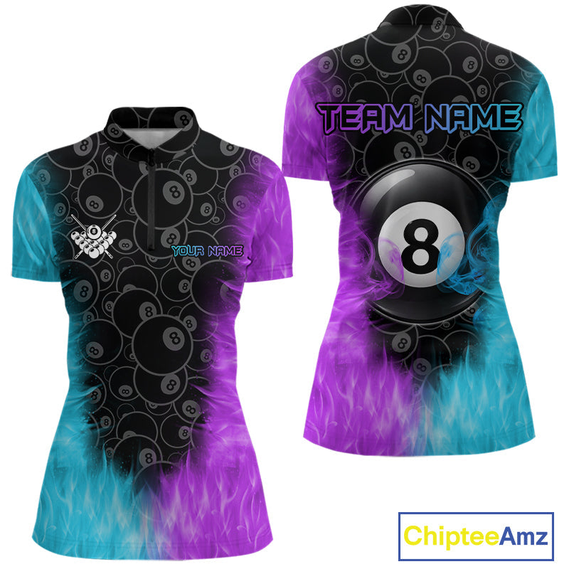 Blue And Purple Flame 8 Ball Billiard Pool Shirt Custom Billiard Team Jersey Polo, 1/4 Zip