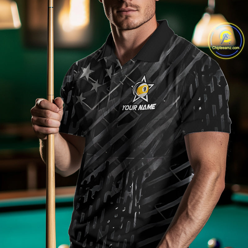 Black US Flag 9 Ball Billiard Shirts Custom Patriotic Billiard Team Shirts, Pool Jerseys