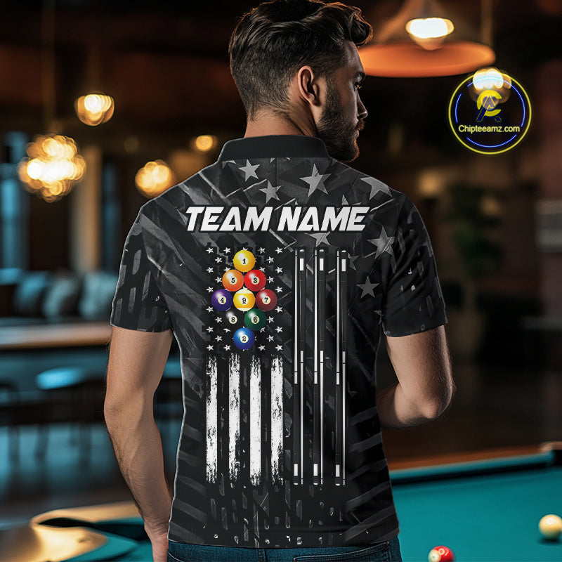 Black US Flag 9 Ball Billiard Shirts Custom Patriotic Billiard Team Shirts, Pool Jerseys