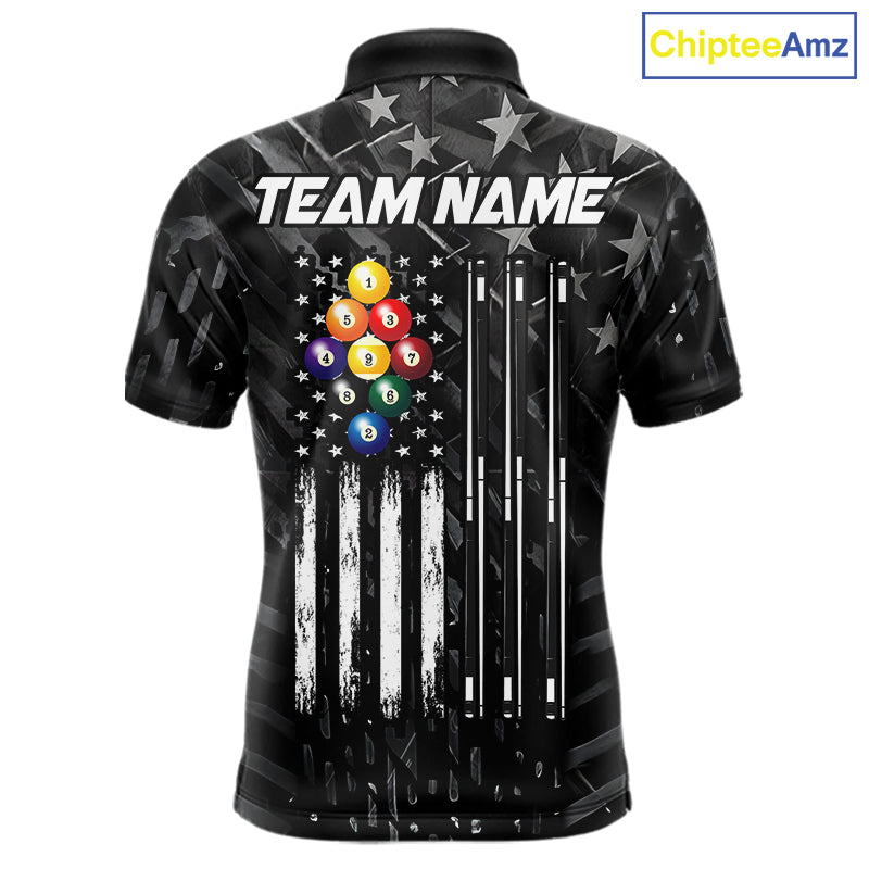 Black US Flag 9 Ball Billiard Shirts Custom Patriotic Billiard Team Shirts, Pool Jerseys