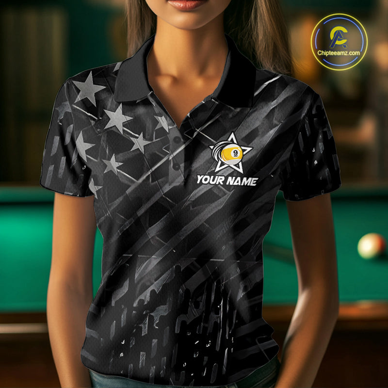 Black US Flag 9 Ball Billiard Shirts Custom Patriotic Billiard Team Shirts, Pool Jerseys
