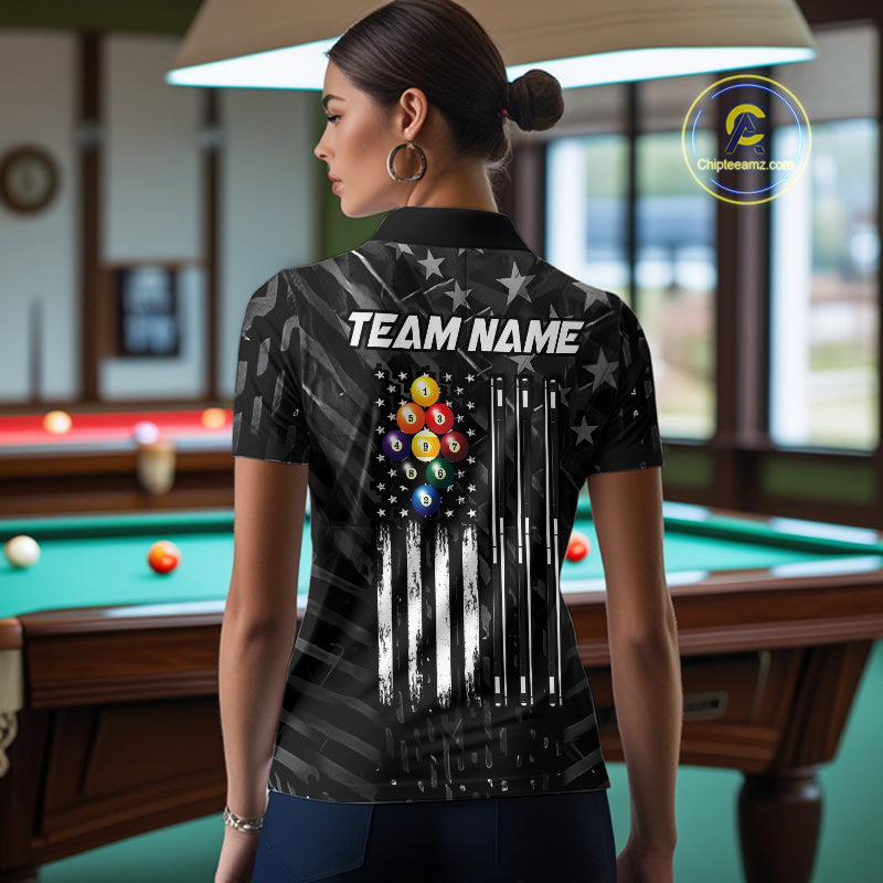 Black US Flag 9 Ball Billiard Shirts Custom Patriotic Billiard Team Shirts, Pool Jerseys