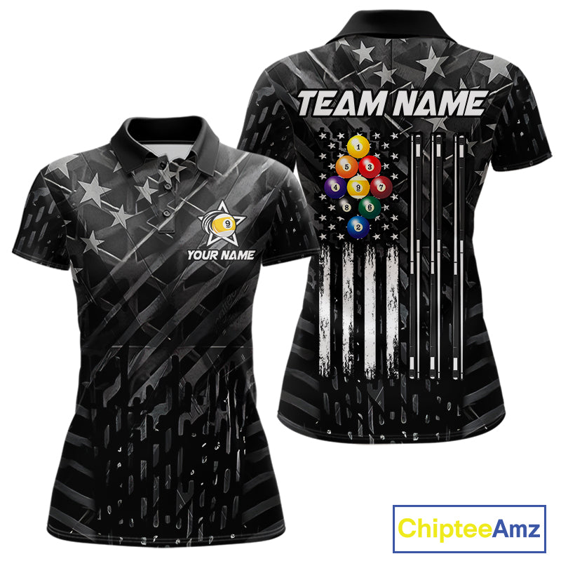 Black US Flag 9 Ball Billiard Shirts Custom Patriotic Billiard Team Shirts, Pool Jerseys