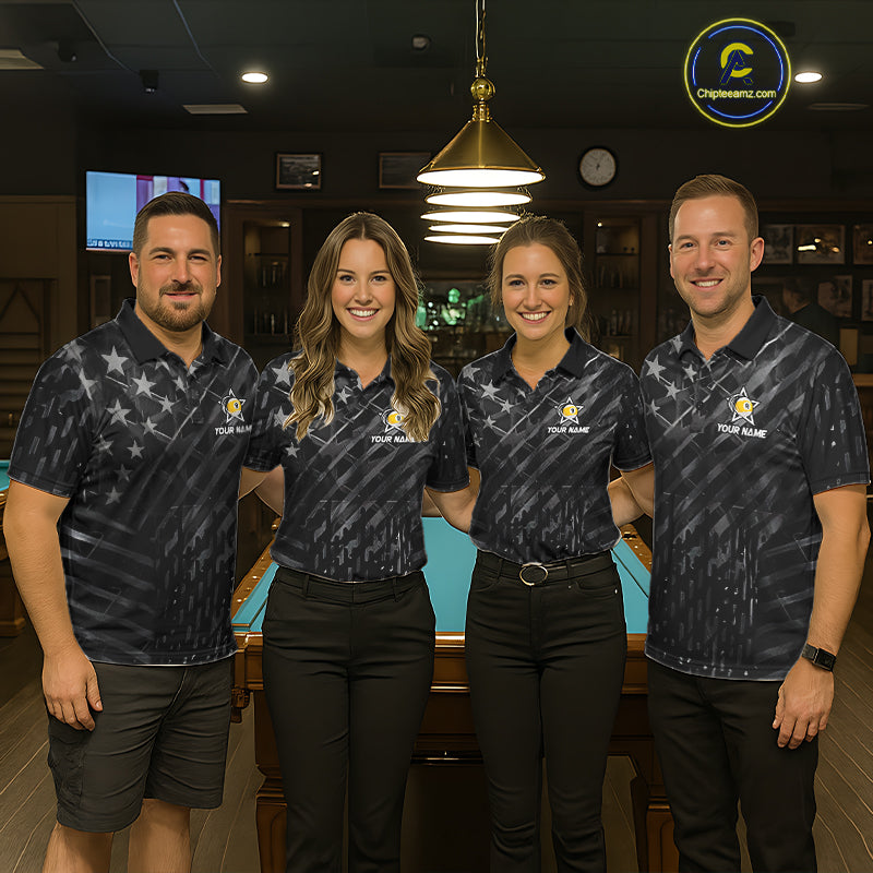 Black US Flag 9 Ball Billiard Shirts Custom Patriotic Billiard Team Shirts, Pool Jerseys