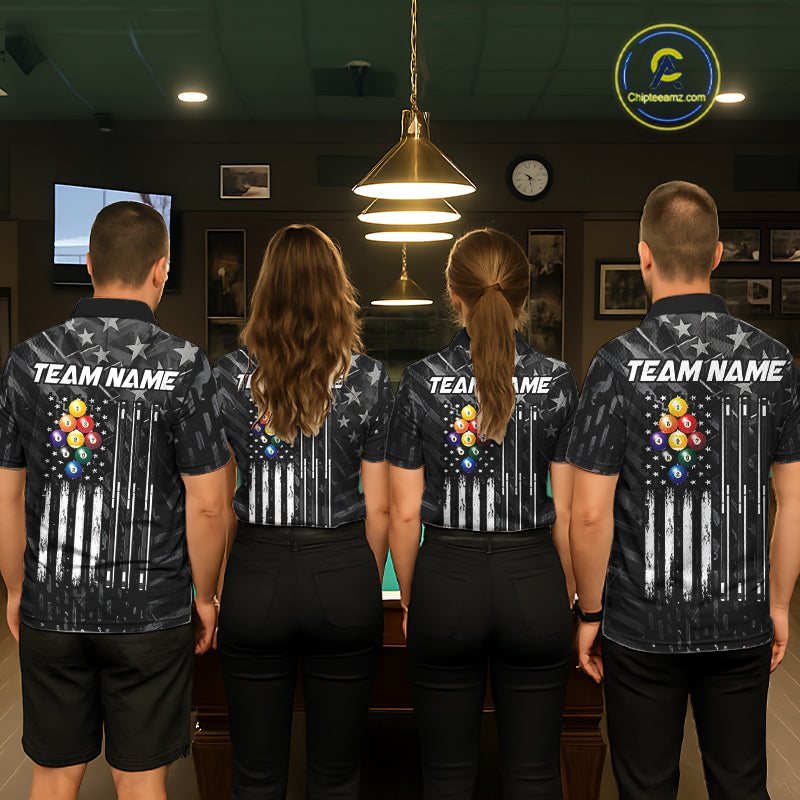 Black US Flag 9 Ball Billiard Shirts Custom Patriotic Billiard Team Shirts, Pool Jerseys