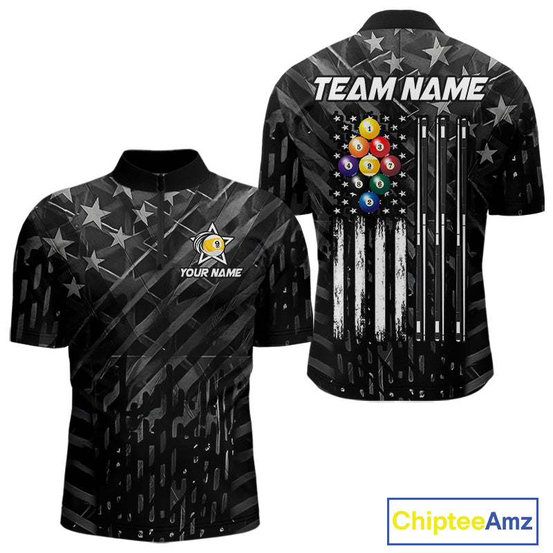 Black US Flag 9 Ball Billiard Shirts Custom Patriotic Billiard Team Shirts, Pool Jerseys