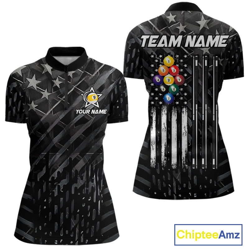 Black US Flag 9 Ball Billiard Shirts Custom Patriotic Billiard Team Shirts, Pool Jerseys