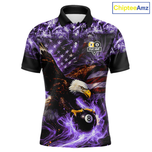 Purple Flaming Eagle 8 & 9 Ball Billiard Shirt Custom US Flag Pool Jersey Polo, 1/4 Zip