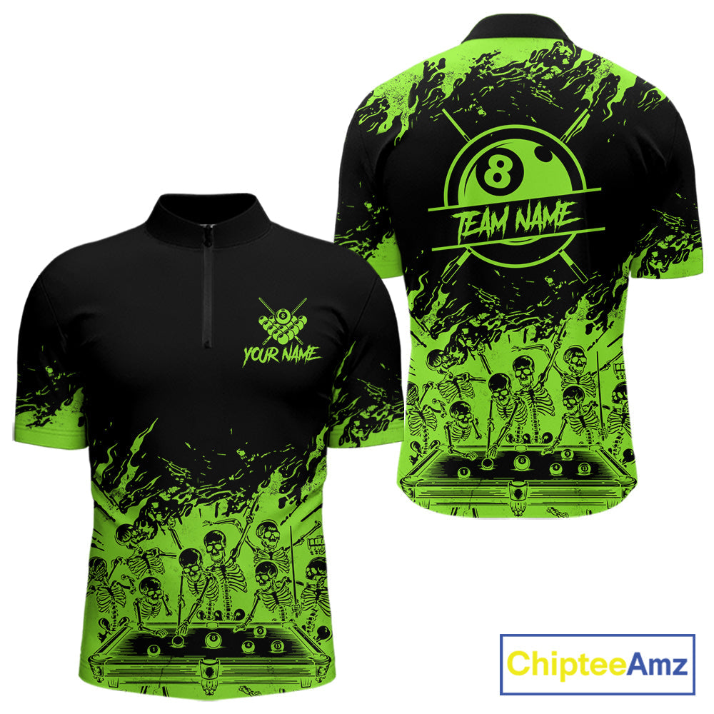 Black And Green Funny Skeleton Billiard Shirts Custom 8 Ball Pool Billiard Team Jersey