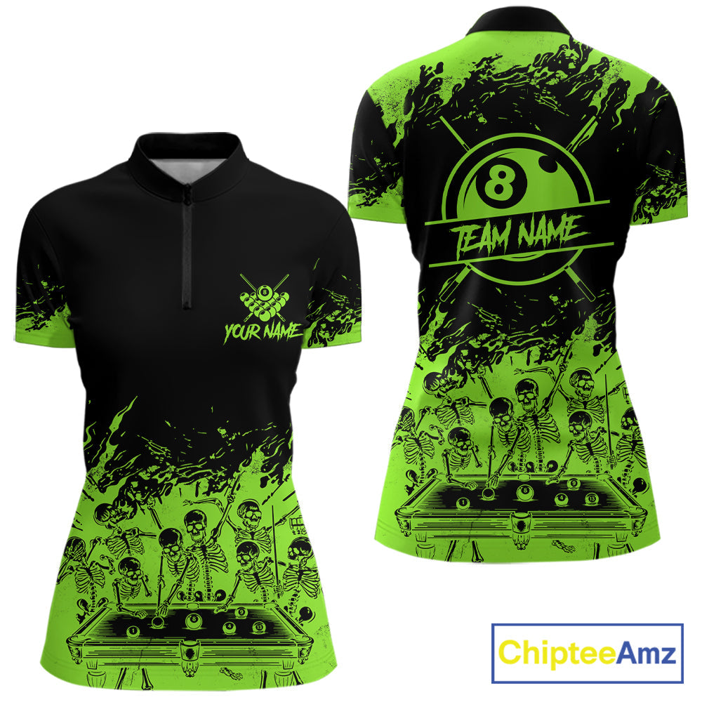 Black And Green Funny Skeleton Billiard Shirts Custom 8 Ball Pool Billiard Team Jersey