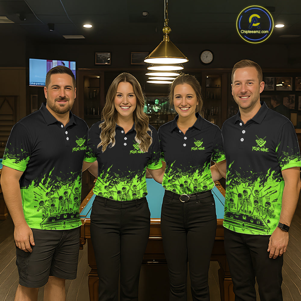 Black And Green Funny Skeleton Billiard Shirts Custom 8 Ball Pool Billiard Team Jersey