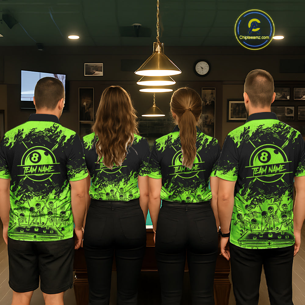 Black And Green Funny Skeleton Billiard Shirts Custom 8 Ball Pool Billiard Team Jersey