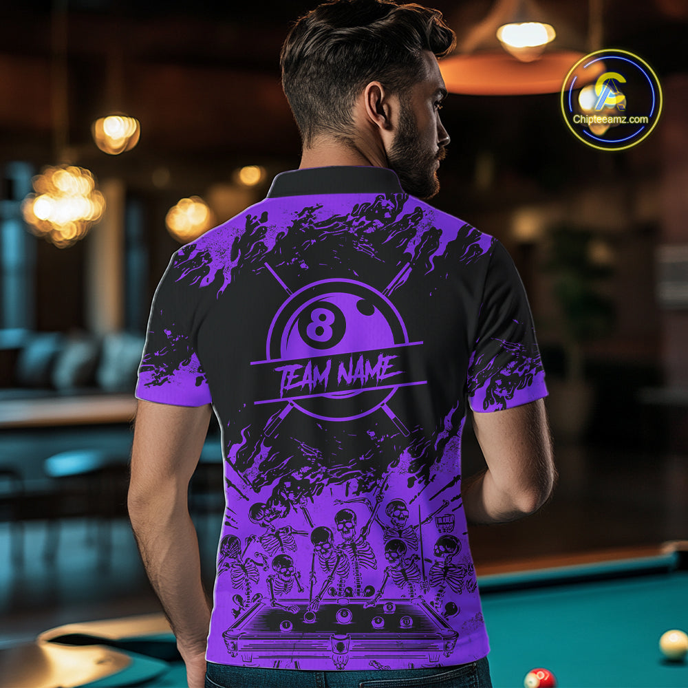 Black And Purple Funny Skeleton Billiard Shirts Custom 8 Ball Pool Billiard Team Jersey