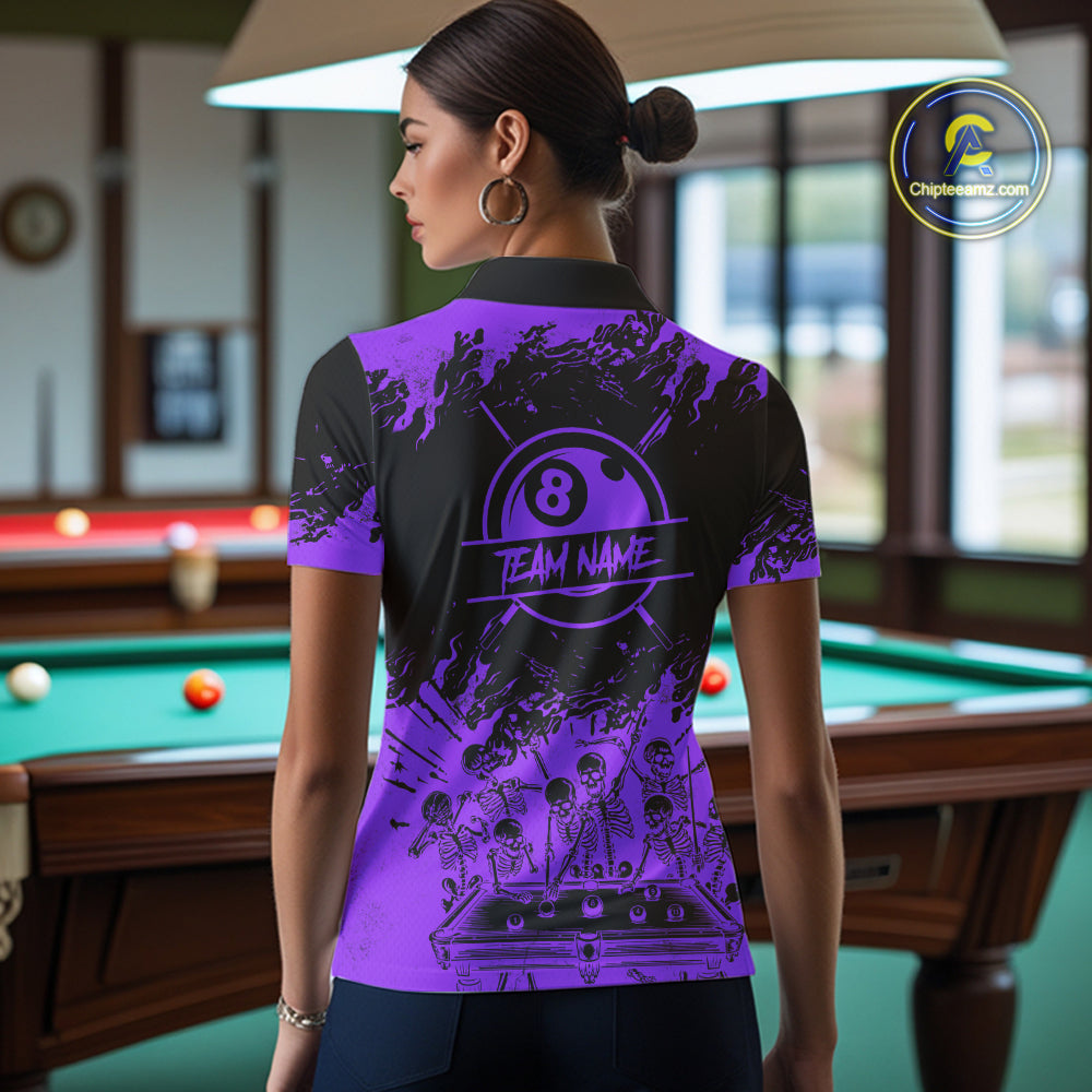 Black And Purple Funny Skeleton Billiard Shirts Custom 8 Ball Pool Billiard Team Jersey