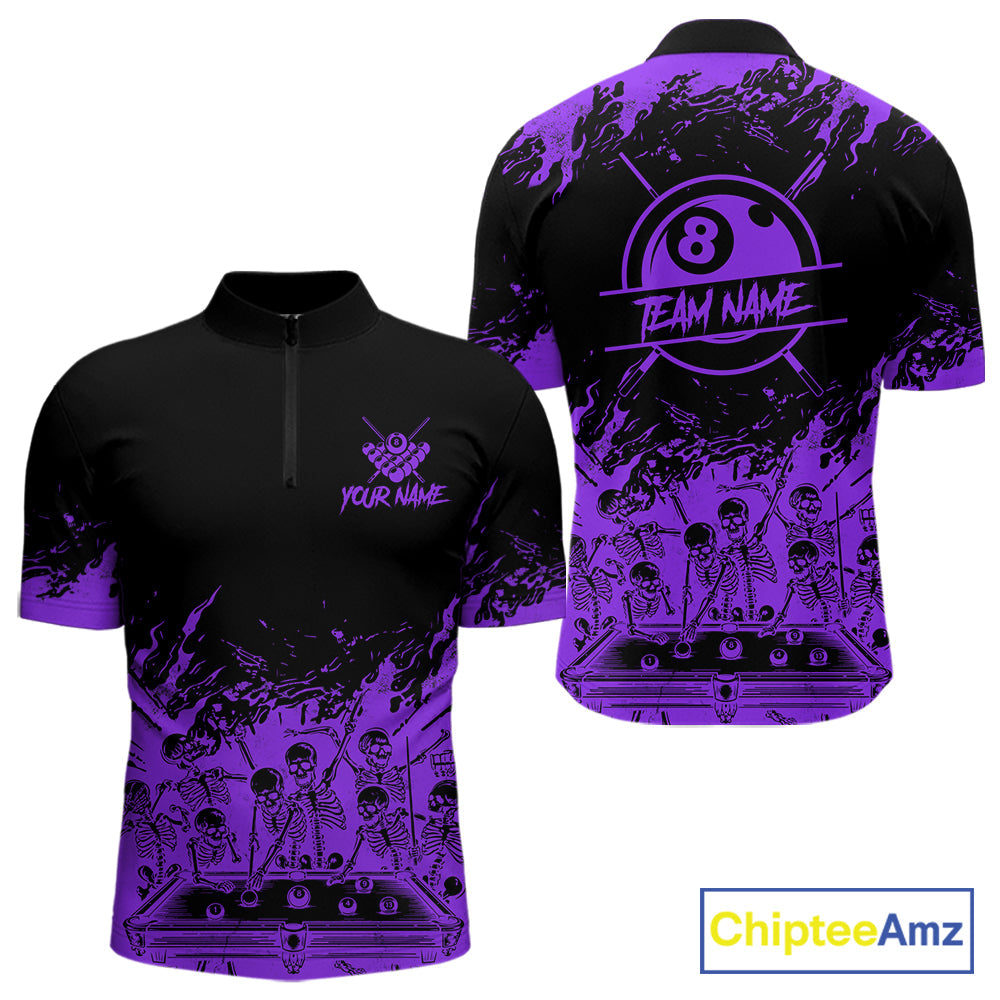 Black And Purple Funny Skeleton Billiard Shirts Custom 8 Ball Pool Billiard Team Jersey