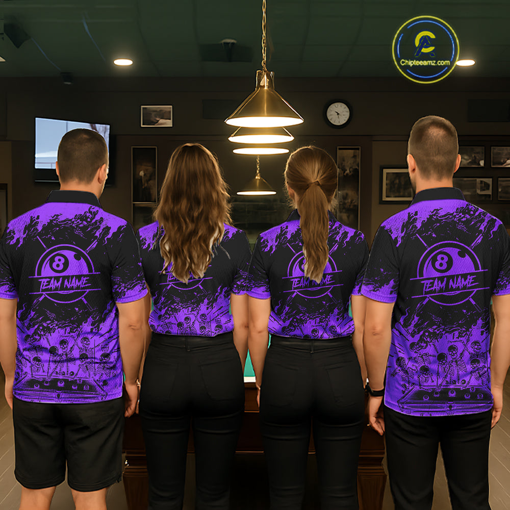 Black And Purple Funny Skeleton Billiard Shirts Custom 8 Ball Pool Billiard Team Jersey