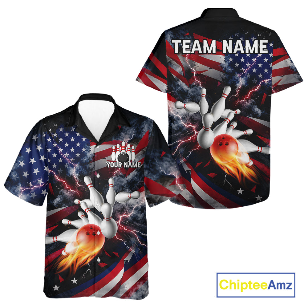 Lightning Black American Flag Flame Bowling Hawaiian Shirt Custom Patriotic Bowling Team Button Up Jersey