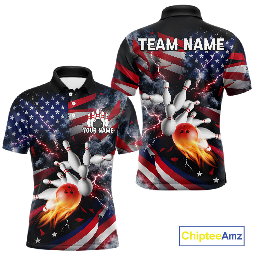 Lightning Black American Flag Flame Bowling Jersey Custom Patriotic Bowling Team Shirts