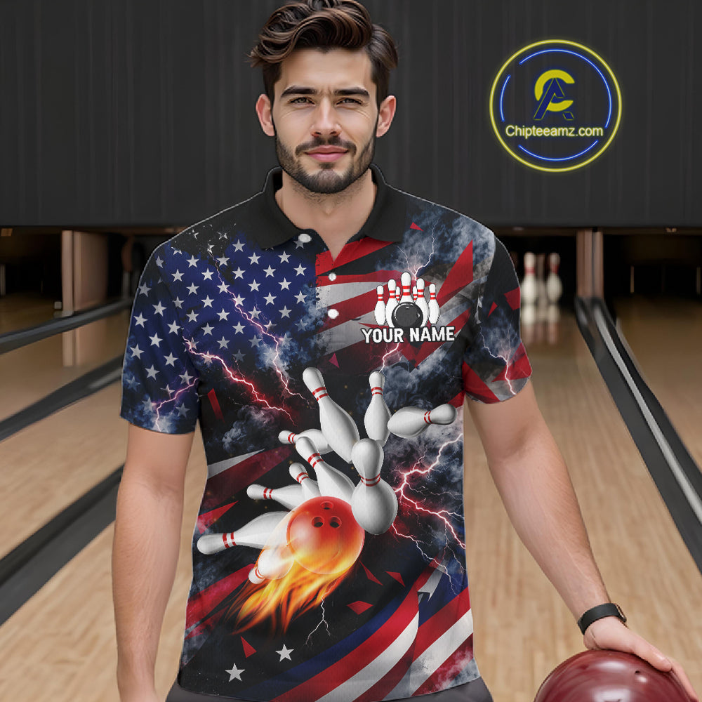 Lightning Black American Flag Flame Bowling Jersey Custom Patriotic Bowling Team Shirts