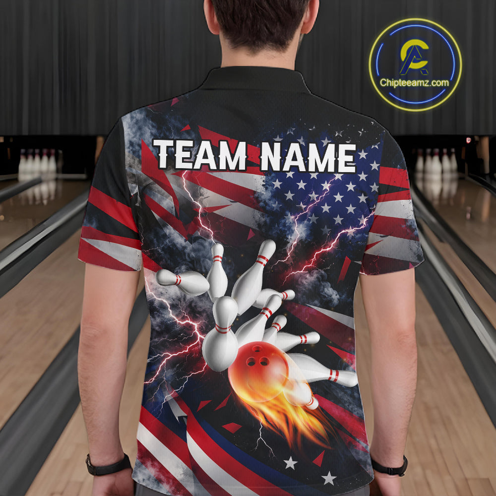 Lightning Black American Flag Flame Bowling Jersey Custom Patriotic Bowling Team Shirts
