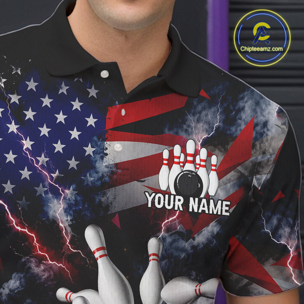 Lightning Black American Flag Flame Bowling Jersey Custom Patriotic Bowling Team Shirts