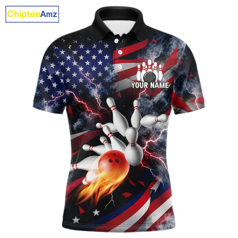 Lightning Black American Flag Flame Bowling Jersey Custom Patriotic Bowling Team Shirts