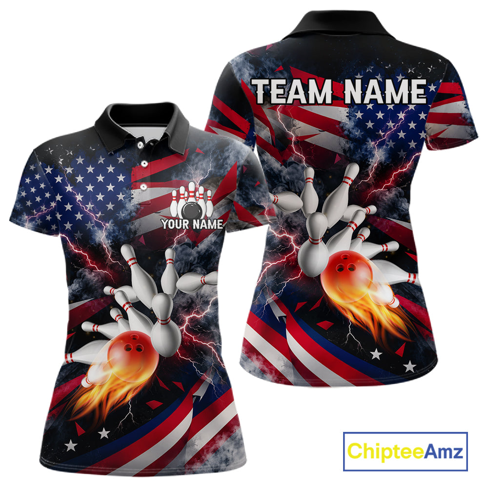 Lightning Black American Flag Flame Bowling Jersey Custom Patriotic Bowling Team Shirts