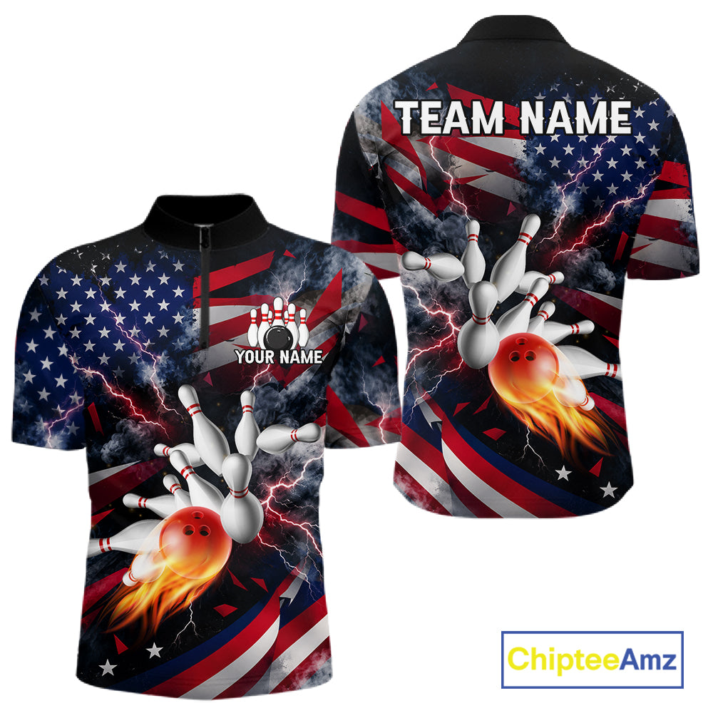 Lightning Black American Flag Flame Bowling Jersey Custom Patriotic Bowling Team Shirts