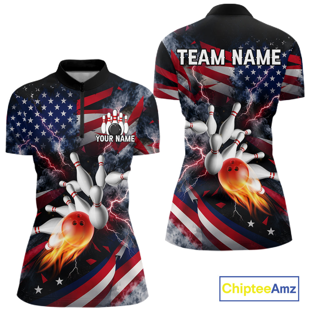 Lightning Black American Flag Flame Bowling Jersey Custom Patriotic Bowling Team Shirts