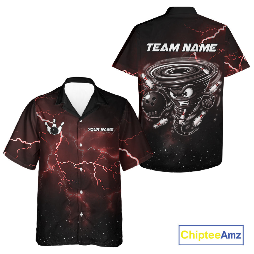 Red Funny Thunder Lightning Tornado Bowling Hawaiian Shirt Custom Bowling Jersey Team
