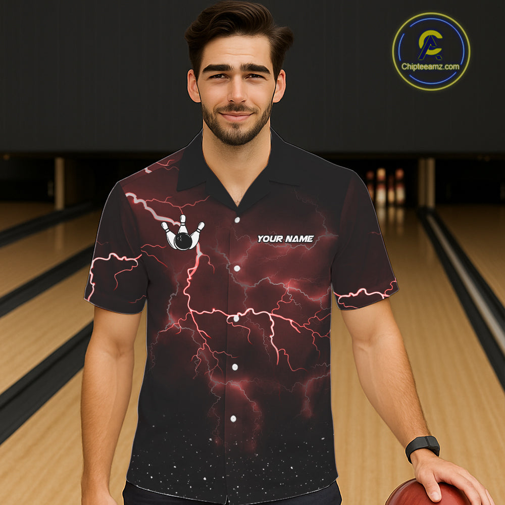Red Funny Thunder Lightning Tornado Bowling Hawaiian Shirt Custom Bowling Jersey Team