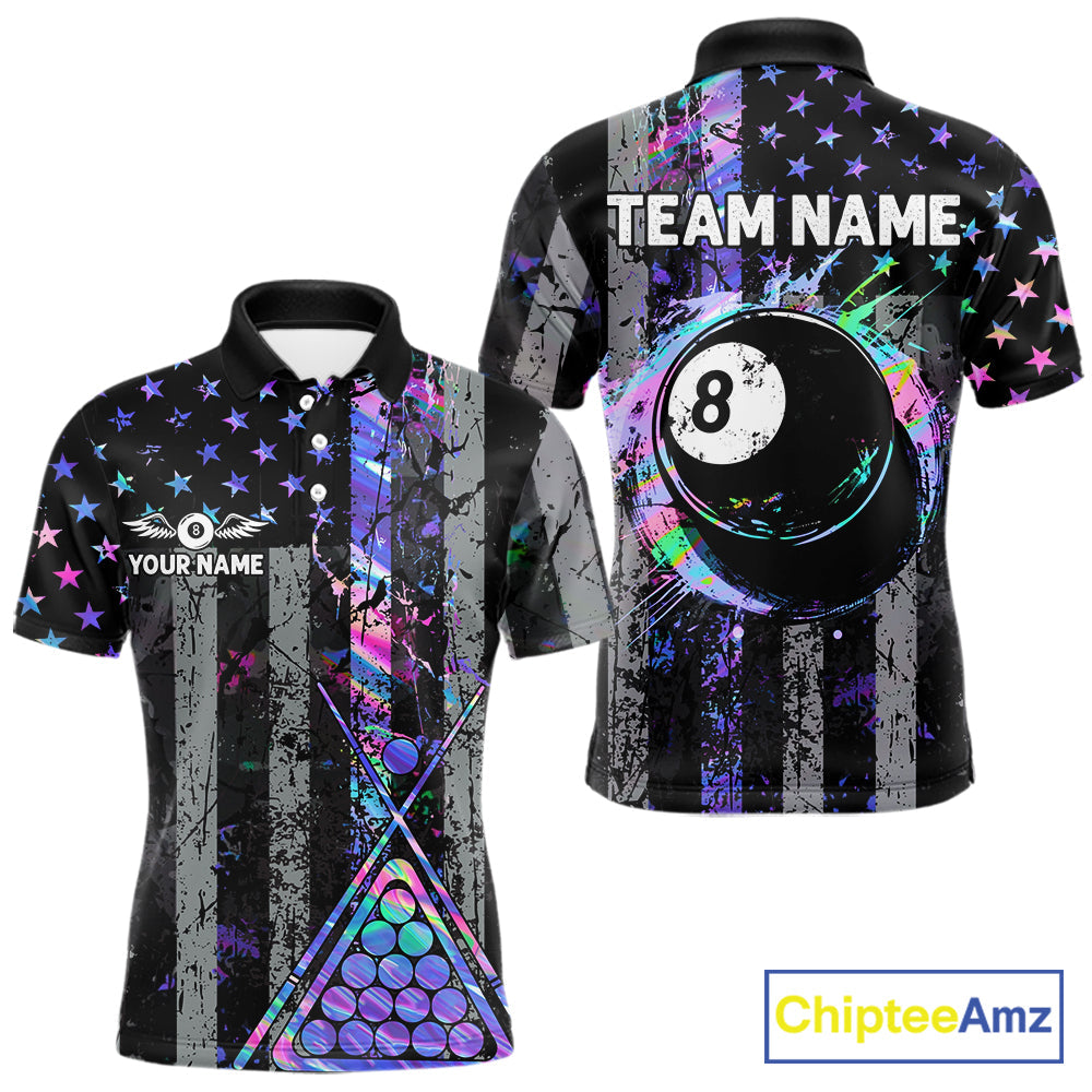 Custom Holographic Grunge US Flag Patriotic Billiard Shirt Retro 8 Ball Pool Team Jersey