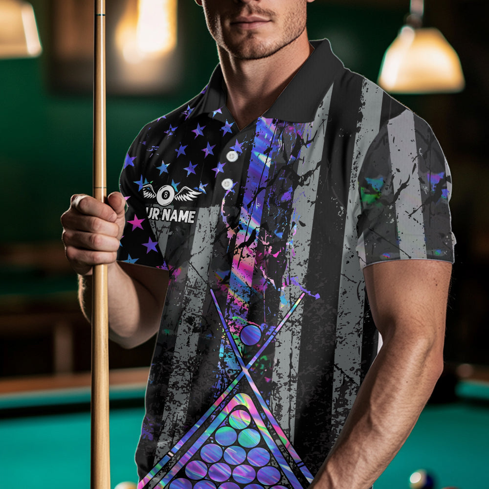 Custom Holographic Grunge US Flag Patriotic Billiard Shirt Retro 8 Ball Pool Team Jersey