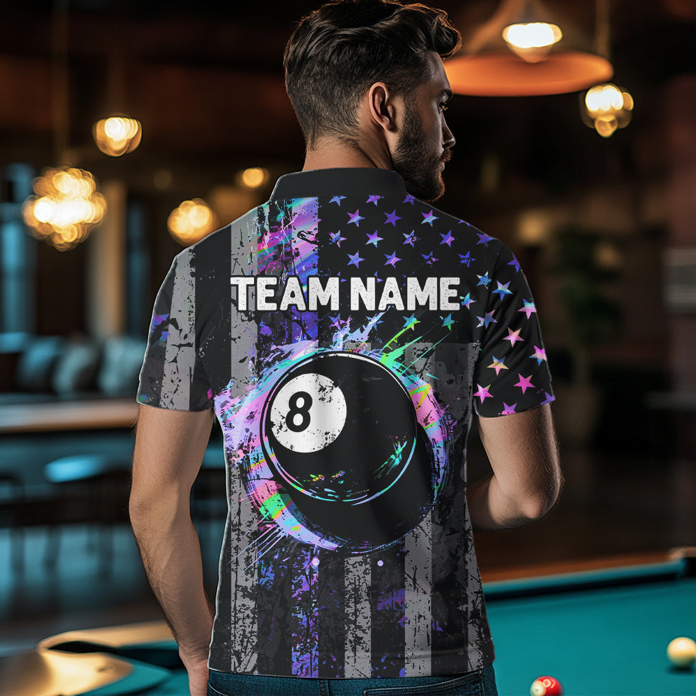 Custom Holographic Grunge US Flag Patriotic Billiard Shirt Retro 8 Ball Pool Team Jersey