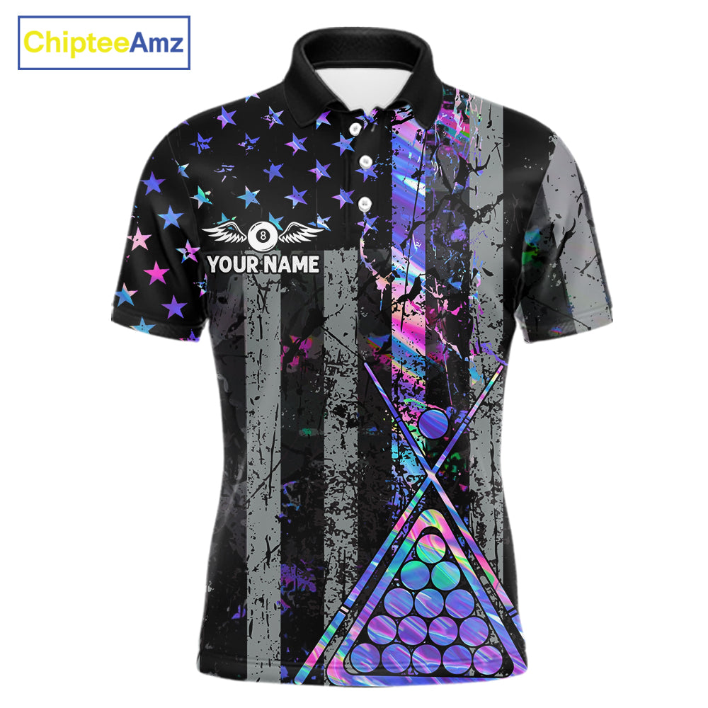 Custom Holographic Grunge US Flag Patriotic Billiard Shirt Retro 8 Ball Pool Team Jersey