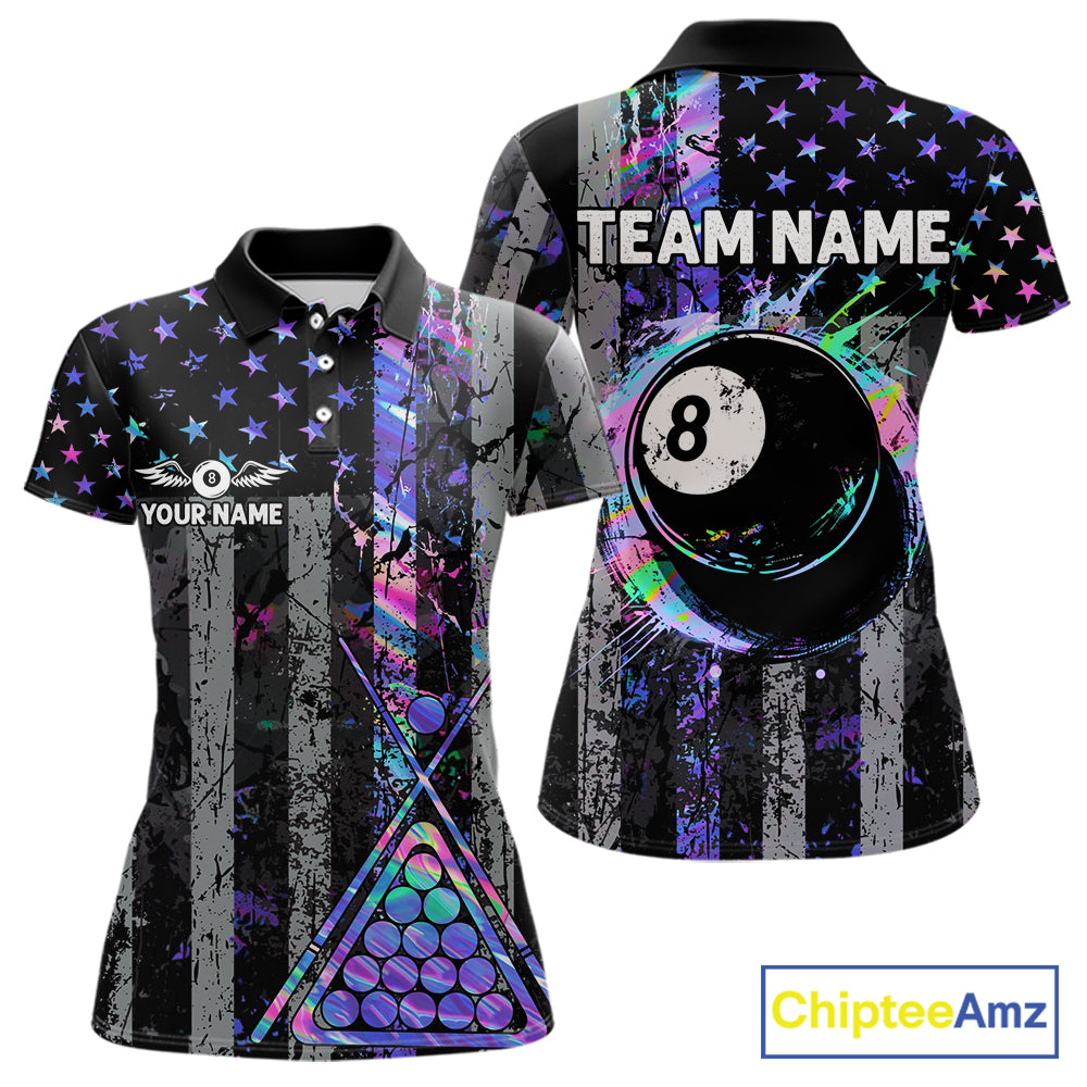 Custom Holographic Grunge US Flag Patriotic Billiard Shirt Retro 8 Ball Pool Team Jersey