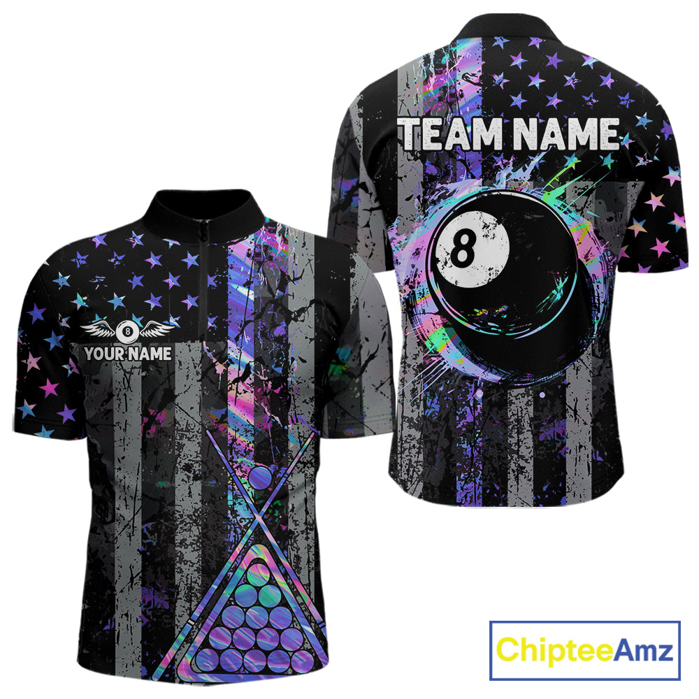 Custom Holographic Grunge US Flag Patriotic Billiard Shirt Retro 8 Ball Pool Team Jersey
