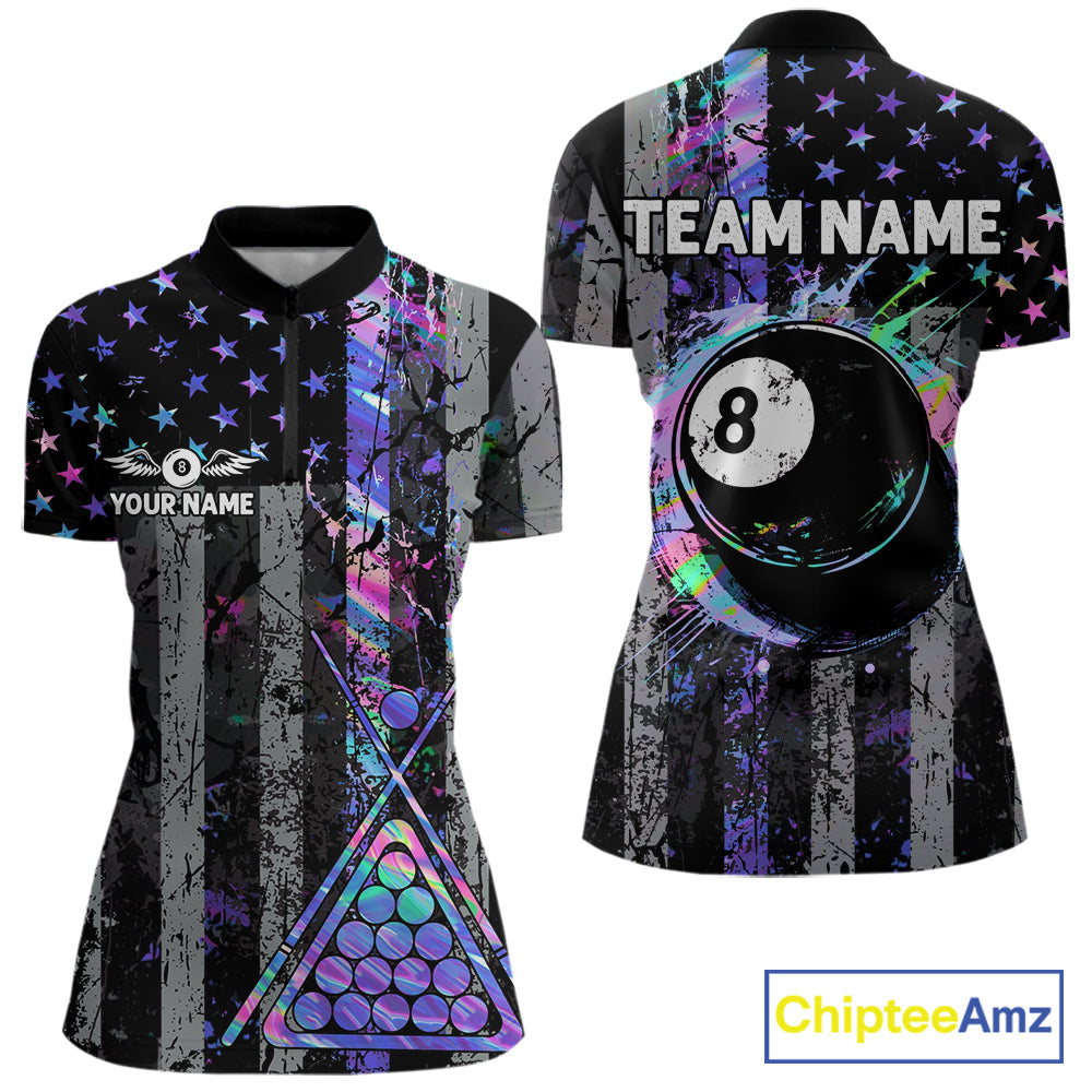 Custom Holographic Grunge US Flag Patriotic Billiard Shirt Retro 8 Ball Pool Team Jersey