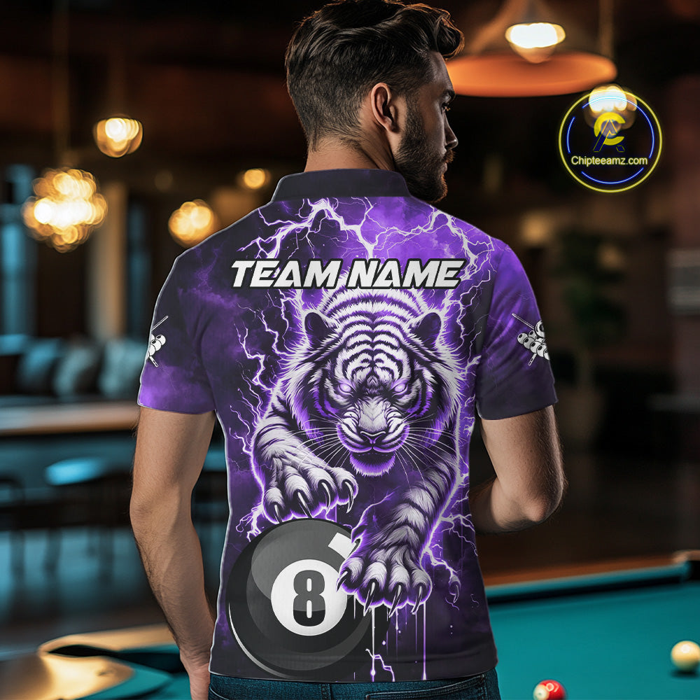 Purple 8 Ball Thunder Lightning Tiger Billiard Shirt Custom Pool Team Jersey Polo, 1/4 Zip