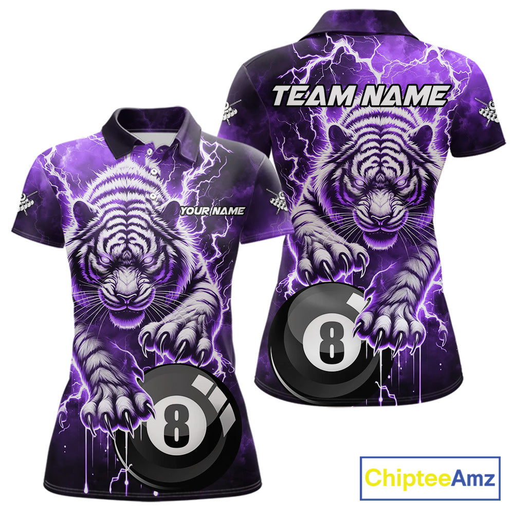 Purple 8 Ball Thunder Lightning Tiger Billiard Shirt Custom Pool Team Jersey Polo, 1/4 Zip
