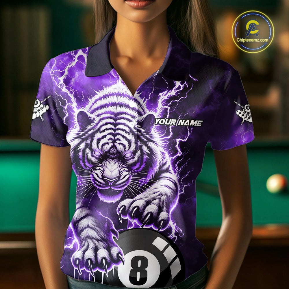 Purple 8 Ball Thunder Lightning Tiger Billiard Shirt Custom Pool Team Jersey Polo, 1/4 Zip