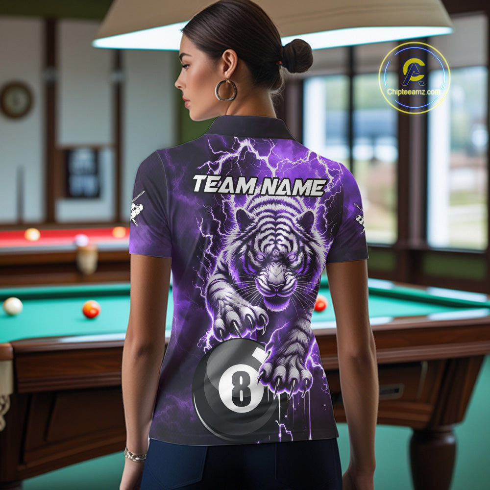 Purple 8 Ball Thunder Lightning Tiger Billiard Shirt Custom Pool Team Jersey Polo, 1/4 Zip