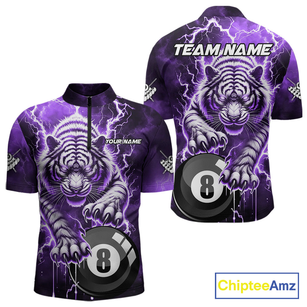 Purple 8 Ball Thunder Lightning Tiger Billiard Shirt Custom Pool Team Jersey Polo, 1/4 Zip