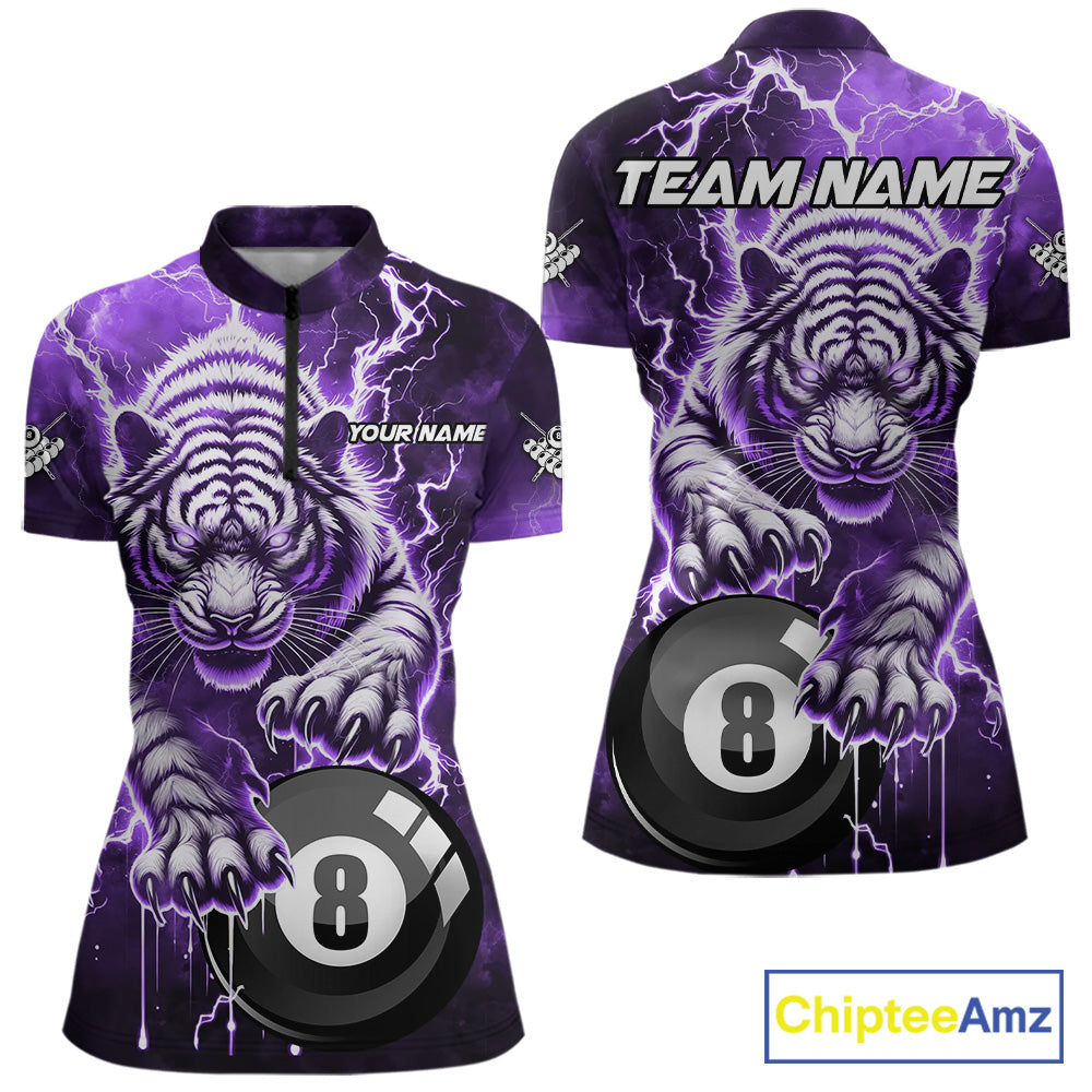 Purple 8 Ball Thunder Lightning Tiger Billiard Shirt Custom Pool Team Jersey Polo, 1/4 Zip