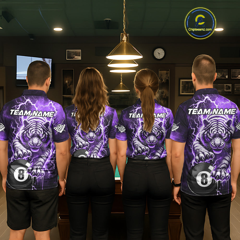 Purple 8 Ball Thunder Lightning Tiger Billiard Shirt Custom Pool Team Jersey Polo, 1/4 Zip